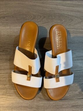 Italian Shoemakers White and Tan wedge Slide Sandals